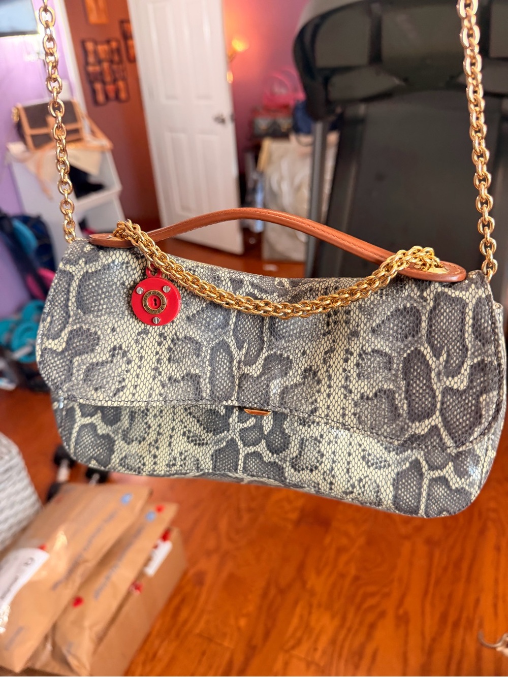 henri bendel Snake-Print Shoulder Bag in Gray and Black with Gold Chain